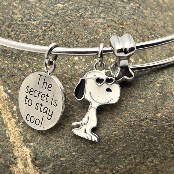 Peanuts Snoopy & Woodstock Silver Plate Charm Slider Bangle Bracelet Adjustable - Picture 2 of 5